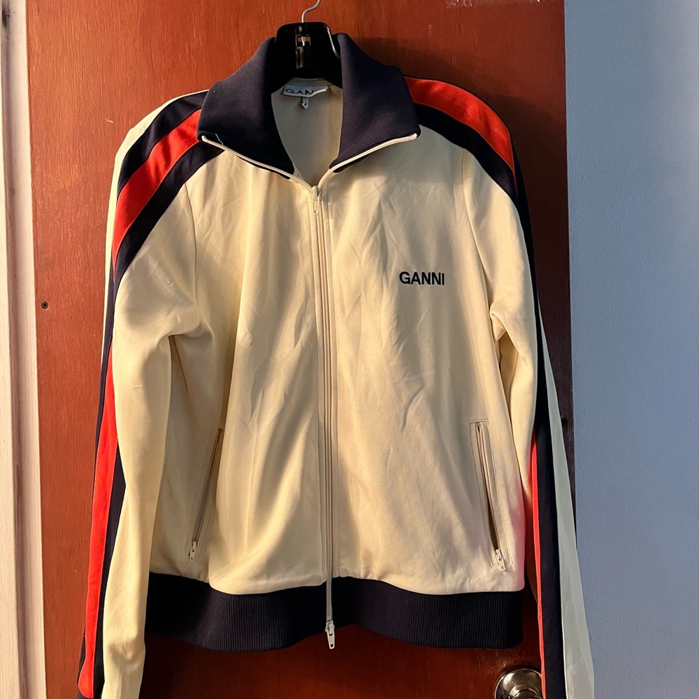 Ganni Cream Bomber Jacket with Navy & Red Stripes